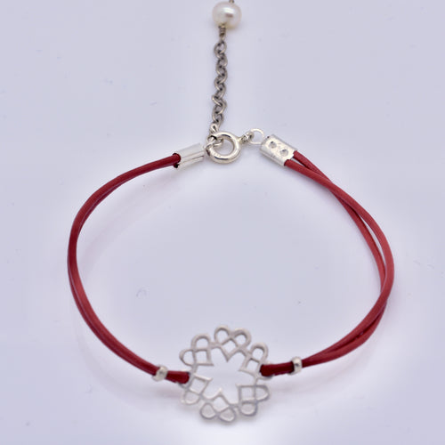 Handmade Silver Hoop of Hearts Bracelet on Red Leather Cord