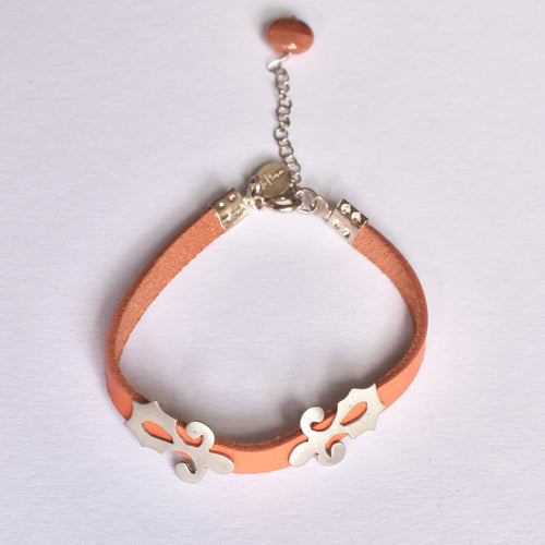 Handmade Silver Ornamental Motif Bracelet with Orange Leather and Agate