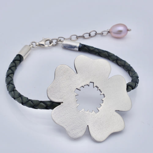 Handmade Big Silver Flower Motif with Green Braided Leather and Pearl