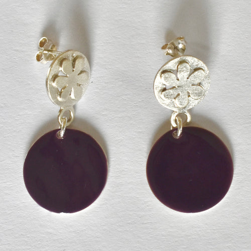 Daisy and purple enamelled disc earrings