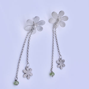 Handmade Silver Earrings with Daisies and Peridots
