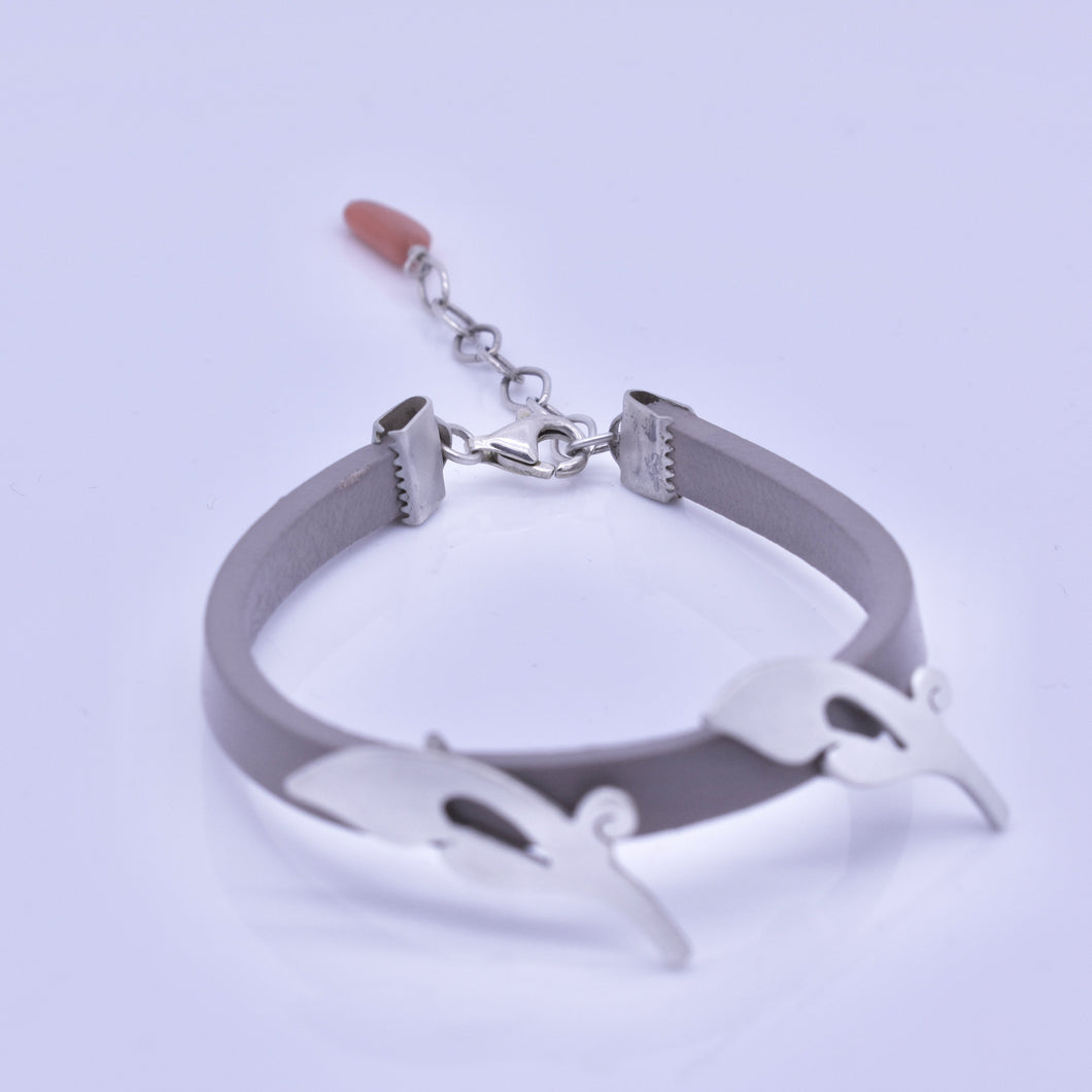 Handmade Bracelet with Silver Motifs on Gray Flat Leather Cord and a Coral