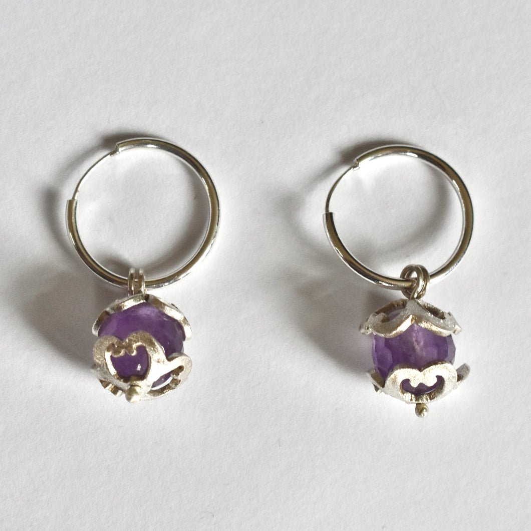 Domed flowers and amethysts on hoops