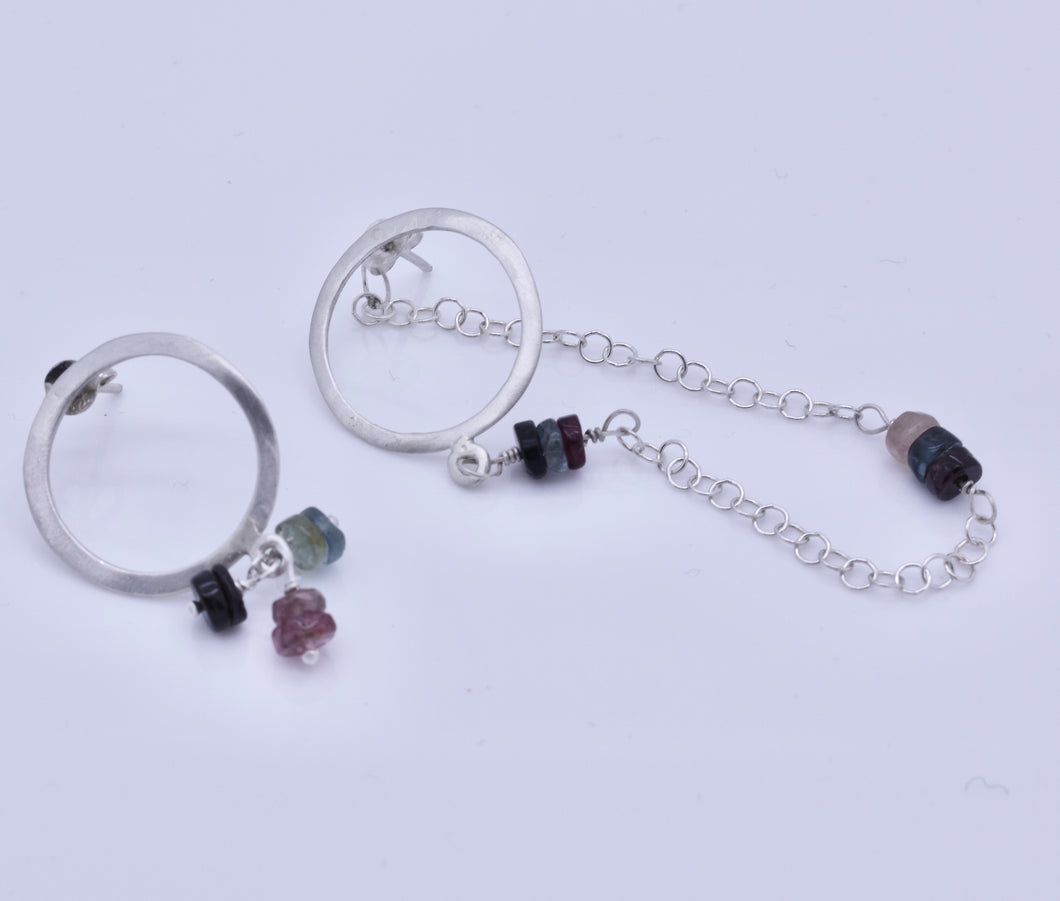 Handmade Hoop and Chain Mismatch Earrings with Tourmalines