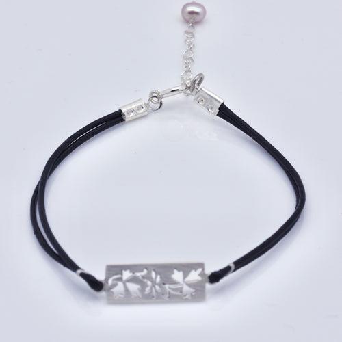 Handmade Silver Leaf Motif Bracelet with Black Leather Cord and Pearl