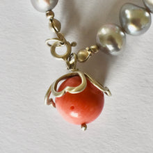 Grey Pearls and pink coral bracelet with domed silver four-leaf clover