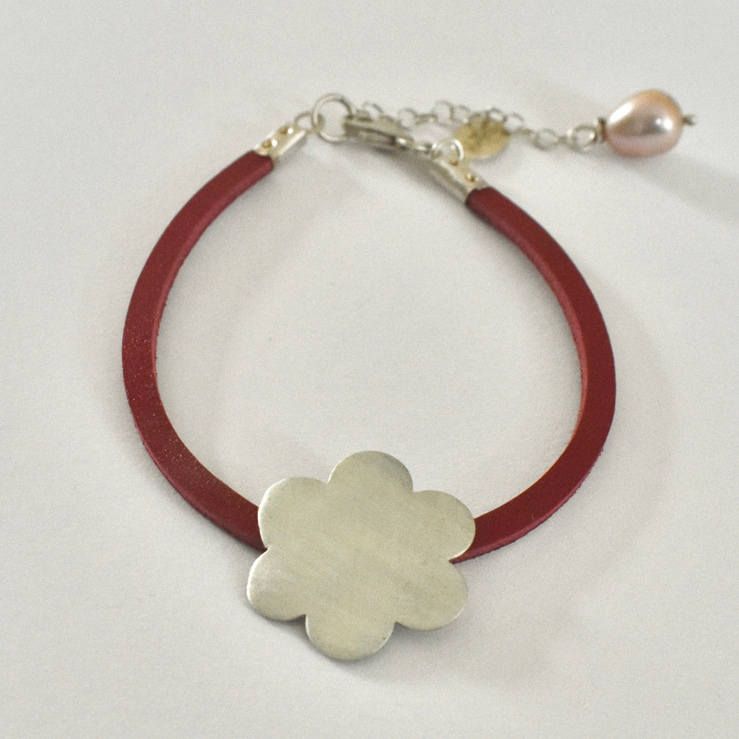 Handmade Silver Flower Motif Bracelet with Burgundy Leather and Pearl