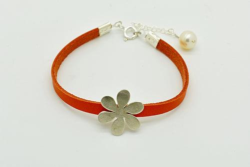 Handmade Silver Flower Bracelet with Orange Leather and a Pearl
