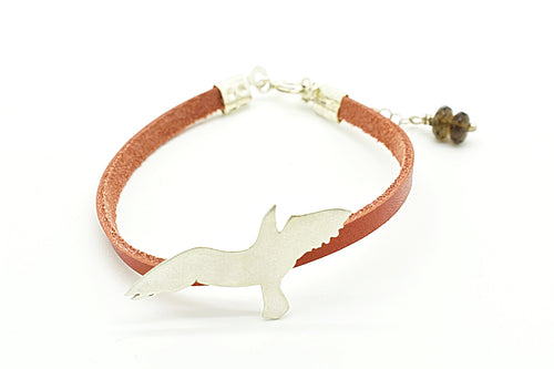 Handmade Silver Seagull Bracelet with ginger Leather Cord and Smoky Quartz