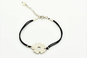 Handmade Silver Flower Braclet with Black Nylon Cord and Pearl