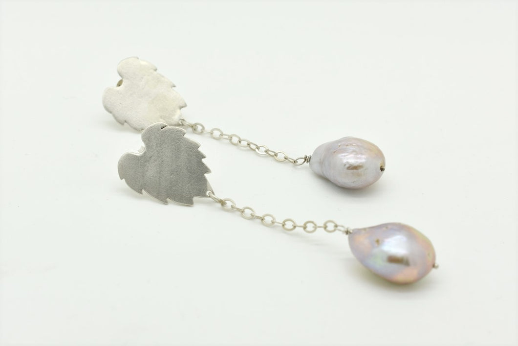 Handmade Silver Leaf Earrings with Pearls
