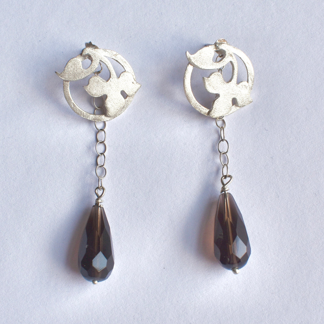 Handmade Hoop Earring With Leaf Motif and smokey quartz drop