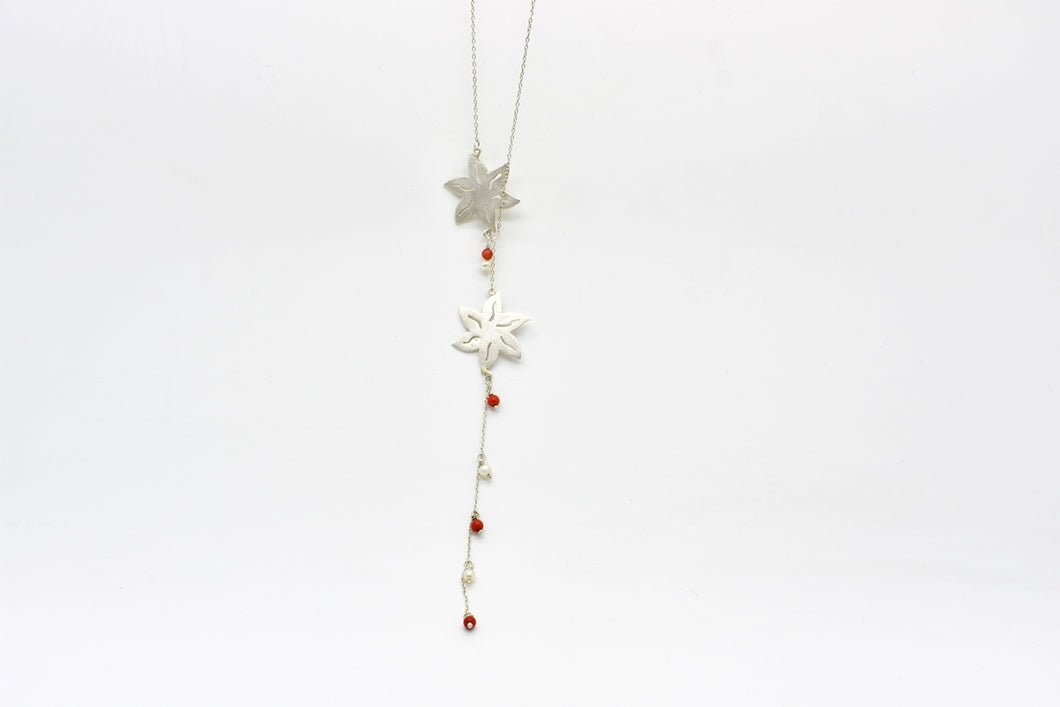 Handmade Silver Flower Pattern Necklace with Pearls and Corals