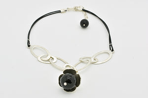 Handmade Silver Oval Hoops and Black Leather Choker with Four-Leaf-Clover and Onyx